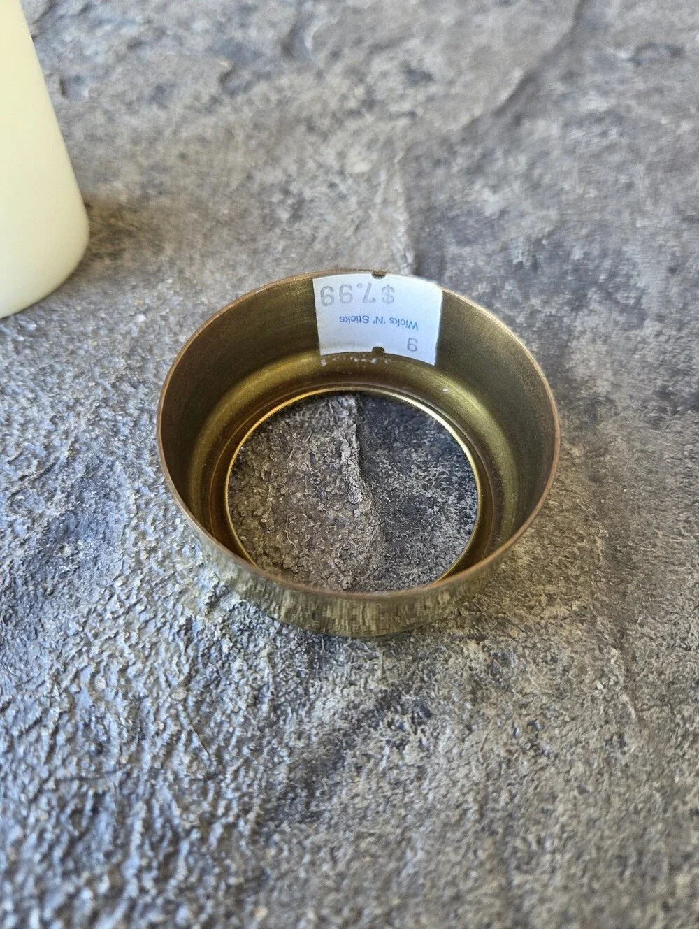 Vintage Copper Craft Polished Brass Pillar Candle Holder Collar & White Candle